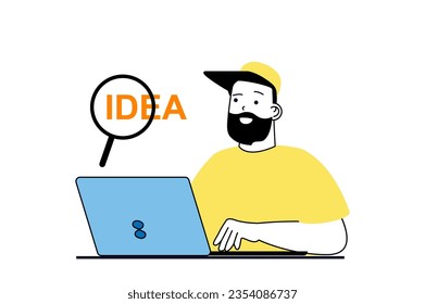 Brainstorming concept with people scene in flat web design. Man working at laptop, finding solutions and creative ideas by internet. Vector illustration for social media banner, marketing material.