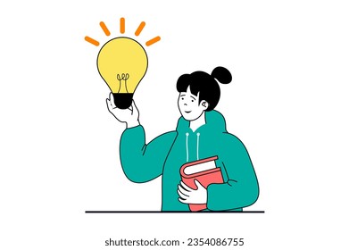 Brainstorming concept with people scene in flat web design. Woman with light bulb reading books for getting information and creative. Vector illustration for social media banner, marketing material.