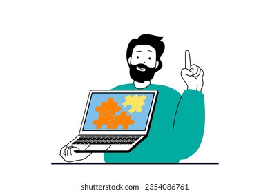 Concepto de lluvia de ideas con la escena de la gente en diseño web plano. Hombre trabajando en laptop, resolviendo enigmas y encontrando soluciones para problemas. Ilustración vectorial para banner de medios sociales, material de marketing.