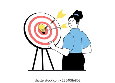 Concepto de lluvia de ideas con la escena de la gente en diseño web plano. La mujer encuentra ideas y soluciones para el logro de los objetivos y la fijación de objetivos. Ilustración vectorial para banner de medios sociales, material de marketing.