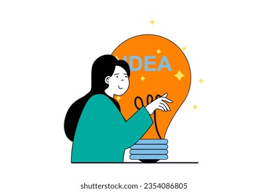 Brainstorming concept with people scene in flat web design. Woman with light bulb generating ideas, creating strategy, finding vision. Vector illustration for social media banner, marketing material.