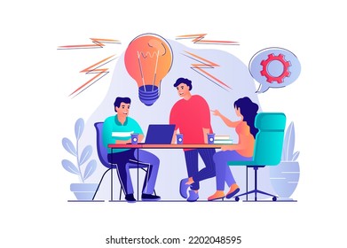 Brainstorming concept with people scene. Woman and man colleagues discuss work tasks, generate new ideas, developing strategy at conference. Vector illustration with characters in flat design for web