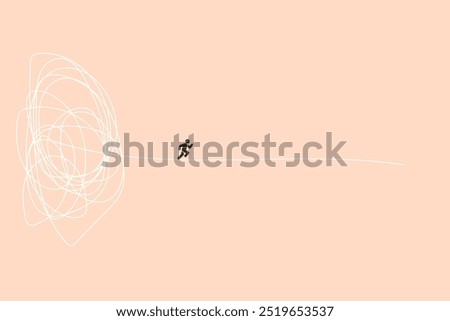 Brainstorming, concept. Smart businessman running away from mess chaos line. Simplify idea to find solution, thinking process, creativity to solve problem,