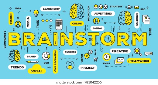 Brainstorming concept with tag cloud on green background. Vector creative illustration of brainstorm yellow word lettering typography with line icons. Thin line art style design of business web banner