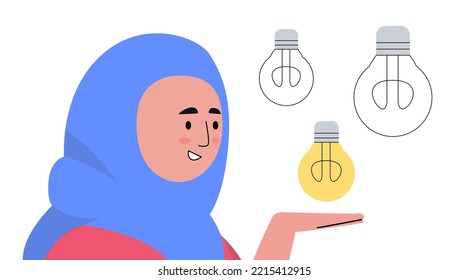 Brainstorming concept. Thinking process. Character chooses a lit light bulb. Vector illustration in a flat style