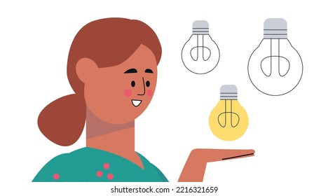 Brainstorming concept. Thinking process. Character chooses a lit light bulb. Vector illustration in a flat style