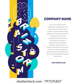 Brainstorming concept. Vector creative abstract illustration of 3d brainstorm word lettering typography with brain, decor element, text on color background. Isometric design for business promotion web