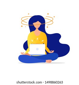 Brainstorming concept with woman in lotus works at the computer. Stressful situation. Idea generation concept.