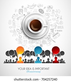 Brainstorming concepual image with hand drawn business doodle background and infographic elements.