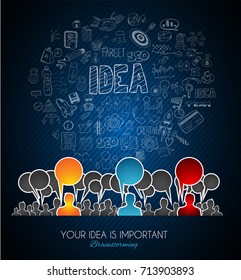 Brainstorming imagem conceitual com desenho à mão negócio rabiscar fundo e elementos infográficos.