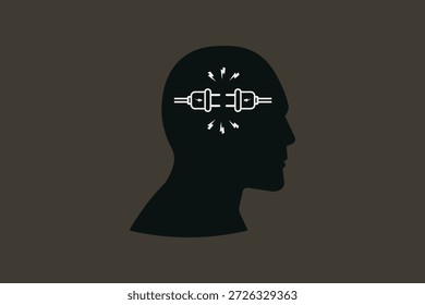 Brainstorming and connectivity: electrical plugs sparking within a human head silhouette