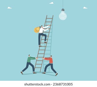 Brainstorming to create business ideas or strategies, collaboration or partnership to achieve common goals, teamwork for innovation, men holding ladder and man climbs up to change burnt out light bulb