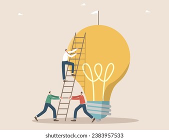 Brainstorming to create business ideas or strategies, collaboration or partnership to achieve common goals, teamwork for innovation, men holding ladder and man climbs up to flag on a light bulb.