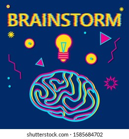 Brainstorming creative idea abstract. Brains and light bulb lamp illustration. Glitch text. Stock vector illustration.