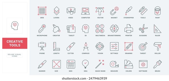 Idea creativa de lluvia de ideas, herramientas de los autores del editor, Configuraciones de software, conjunto de iconos de línea. Diseño gráfico digital, imán para contenido multimedia Ilustración vectorial de símbolos de contorno finos en negro y rojo