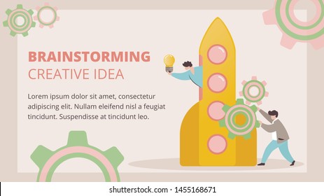 Brainstorming Creative Idea Horizontal Banner Businessmen Team Preparing Rocket for Good Start. Business Startup Idea Launching. Office People Teamwork Process Suceess Cartoon Flat Vector Illustration