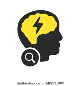 Brainstorming creative idea icon with research sign, explore, find, inspect symbol