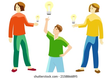 Brainstorming, creative ideas in business concept. young smiling business people cartoon characters standing discussing a business project in the office having great ideas in mind