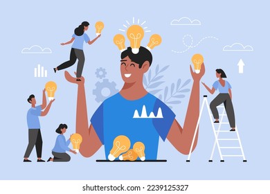 Brainstorming creative ideas business concept.  Modern vector illustration of people teamwork collecting light bulbs from head of businessman