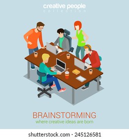 Brainstorming creative people flat 3d web isometric infographic concept vector. Advertising agency work process. Teamwork around table laptop, chief, art director, designer, programmer.