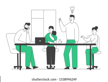 Brainstorming Creative Process in Office. Business People at Desk Discussing Idea Concept with Light Bulb. Team Project Development, Teamworking Insight. Cartoon Flat Vector Illustration, Line Art