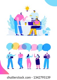 Brainstorming creative team idea discussion people. Teamwork staff around table laptop. Team thinking and brainstorming.  Analytics of company information. Flat vector illustration