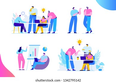 Brainstorming creative team idea discussion people. Teamwork staff around table laptop. Team thinking and brainstorming.  Analytics of company information. Flat vector illustration