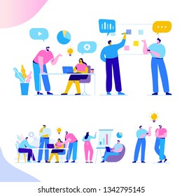 Brainstorming creative team idea discussion people. Teamwork staff around table laptop. Team thinking and brainstorming.  Analytics of company information. Flat vector illustration