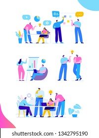 Brainstorming creative team idea discussion people. Teamwork staff around table laptop. Team thinking and brainstorming.  Analytics of company information. Flat vector illustration