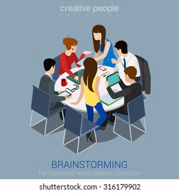 Brainstorming Creative Team Idea Discussion People Flat 3d Web Isometric Infographic Concept Vector. Teamwork Staff Around Table Laptop Chief Art Director Designer Programmer.