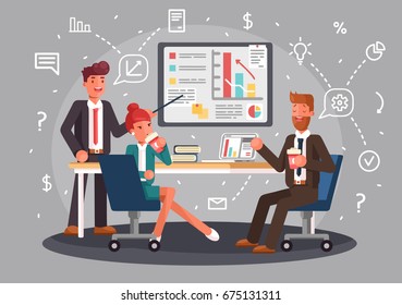 Brainstorming creative team idea discussion people. Teamwork staff around table laptop chief art director designer programmer. Flat style vector illustration