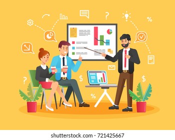 Brainstorming creative team idea discussion people. Teamwork staff around table laptop chief art director designer programmer. Flat style vector illustration