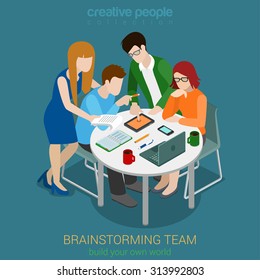 Brainstorming Creative Team People Flat 3d Web Isometric Infographic Concept Vector. Advertising Agency App Development Process. Teamwork Around Table Laptop Chief Art Director Designer Programmer