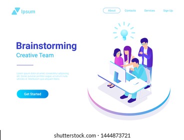 Brainstorming Creative Team people isometric flat 3d web concept. Advertising agency work process vector illustration. Teamwork around table laptop, chief, art director, designer, programmer.