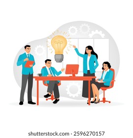 Brainstorming with a creative team working on a team analysis project. On a idea with a light bulb. Flat vector modern illustration