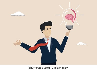 Brainstorming creative thinking and thinking idea concept, businessman gets brilliant light bulb idea for business success.