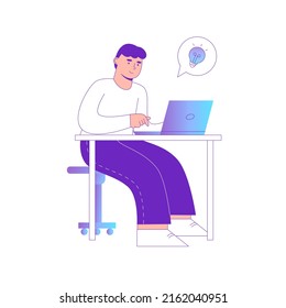 Brainstorming and creative thinking, implementing innovative ideas for business. Man with lightbulb and laptop working on project. Developer or programmer with tasks in office. Vector in flat style