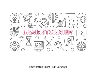 Brainstorming creative vector outline horizontal illustration. Brainstorm concept banner