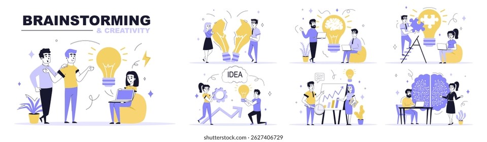 Brainstorming and creativity concept set in flat web design. Collection with people generate new ideas, make strategy, find solutions together. Flat vector illustration isolated on white background.
