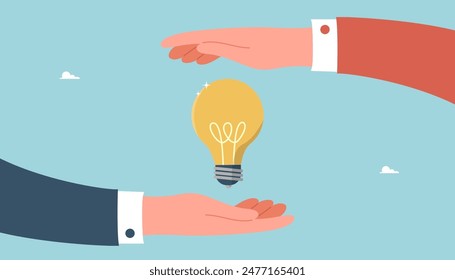 Brainstorming and creativity to create business ideas or strategies, collaboration or partnership to achieve common goals, teamwork and mentoring for innovation, big hands protect the light bulb.