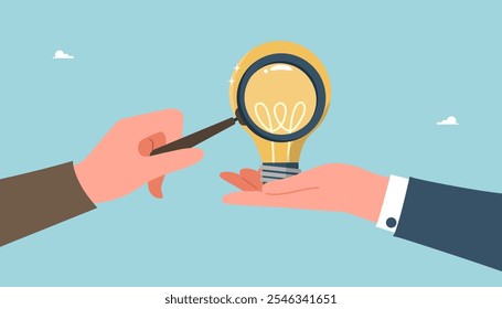 Brainstorming and creativity to create business ideas or strategies, collaboration or partnership to achieve common goals, teamwork and mentoring for innovation and startups, team analyzes light bulb.