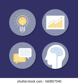 Brainstorming, creativity and idea icons set.