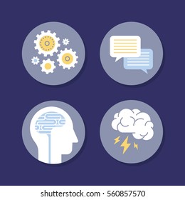 Brainstorming, creativity and idea icons set.