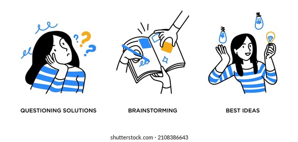 Brainstorming and creativity - set of business concept illustrations. Questioning solution, brainstorming, finding best ideas.