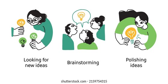 Brainstorming und Kreativität - Reihe von Business-Concept-Illustrationen. Suche nach neuen Ideen, Brainstorming, Polishing Ideen. Sammlung visueller Geschichten