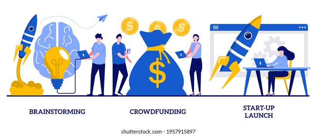 Brainstorming, crowdfunding, start-up launch concept with tiny people. Company personnel meeting abstract vector illustration set. Innovative business ideas implementation and teamwork metaphor.