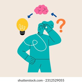 Brainstorming or decision making. Female with thinking process. Colorful vector illustration