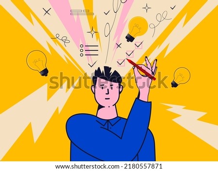 Brainstorming or decision making or idea conceptual illustration with male character with thinking process. Vector illustration