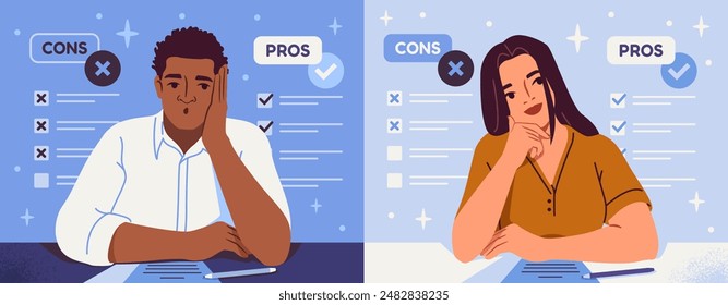 Brainstorming and decision making. Pensive man and woman sitting, thinking and making list of pros and cons. Benefits and threats analysis to make right choice. Flat vector illustration set