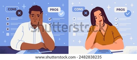 Brainstorming and decision making. Pensive man and woman sitting, thinking and making list of pros and cons. Benefits and threats analysis to make right choice. Flat vector illustration set